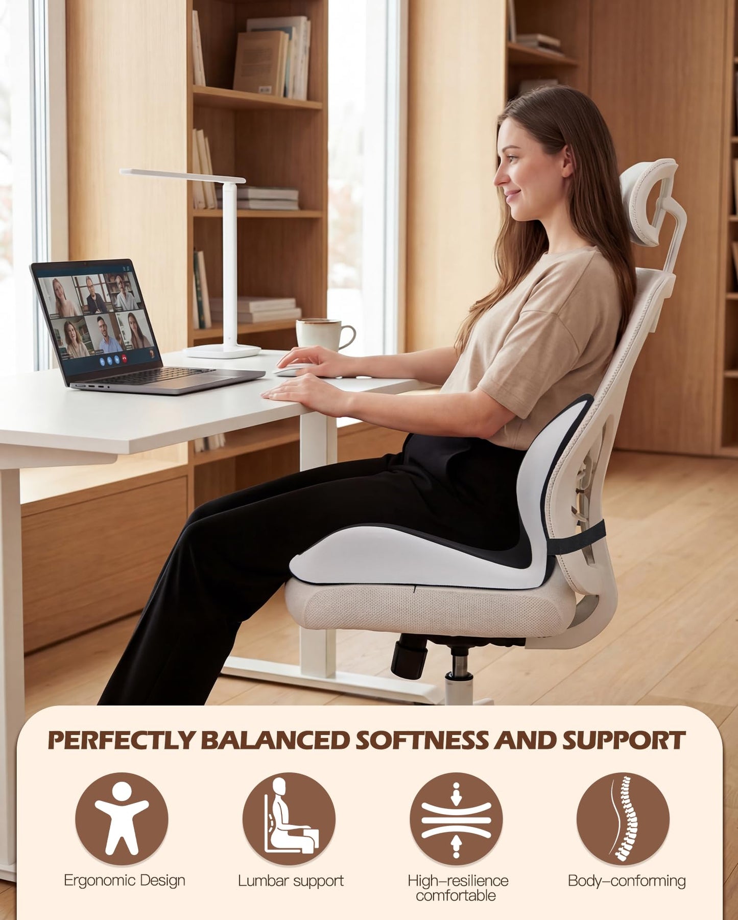 vdovsta Office Chair Cushion for Tailbone & Low Back Pain Relief, Car and Truck Seat Cushion, Comfortable Foam and High Backrest, Suitable for Office Chairs, Cars, Trucks, and Home Chairs
