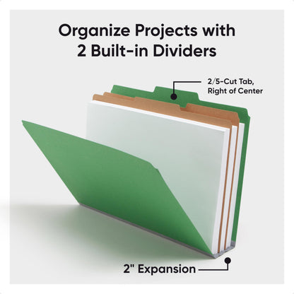 Smead Pressboard Legal Size File Folders with SafeSHIELD Fasteners, 2 Dividers, 2" Expansion, Office Folders, Paper Holder, Green, 10 per Box (19033)