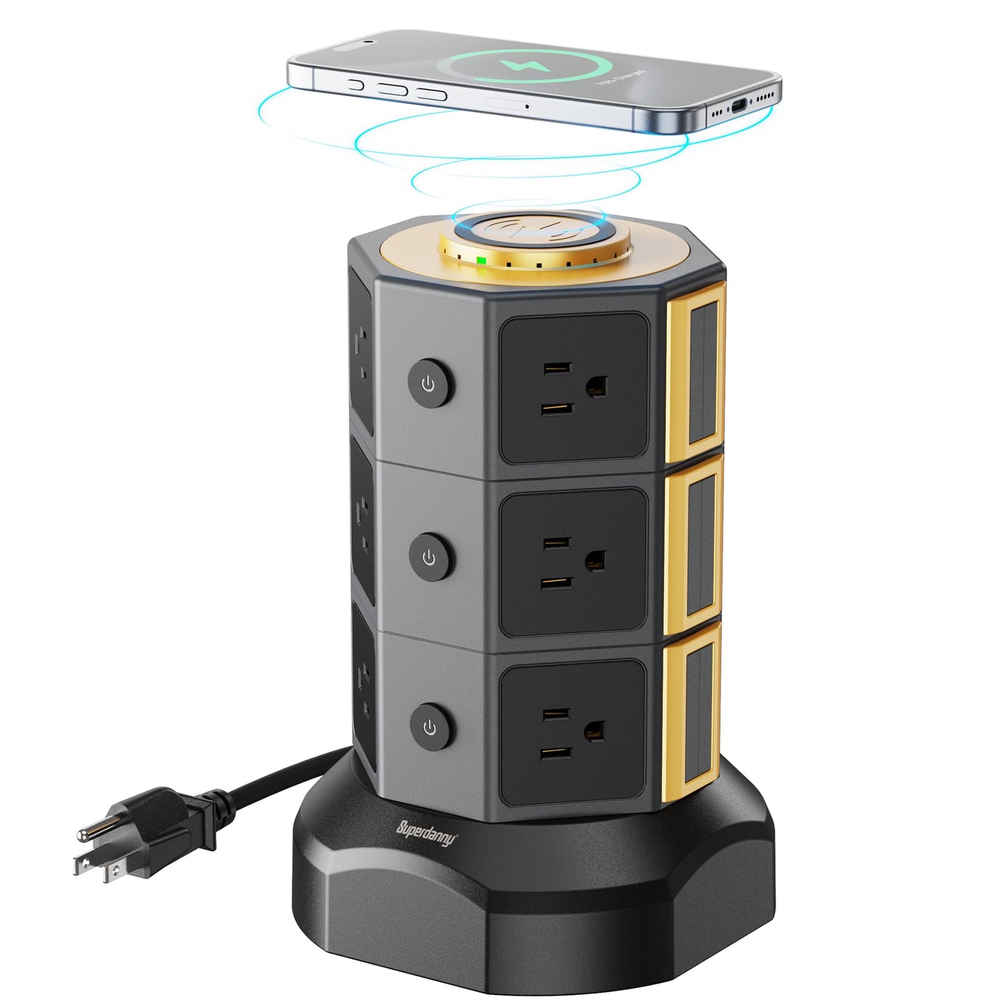 Power Strip Tower, SUPERDANNY Surge Protector Tower with 15W Wireless Charger, 1050J, 13A Charging Station with 12 AC Outlets & 6 USB Ports (2 USB C), 6.5ft Extension Cord for Home Office Dorm, Gold
