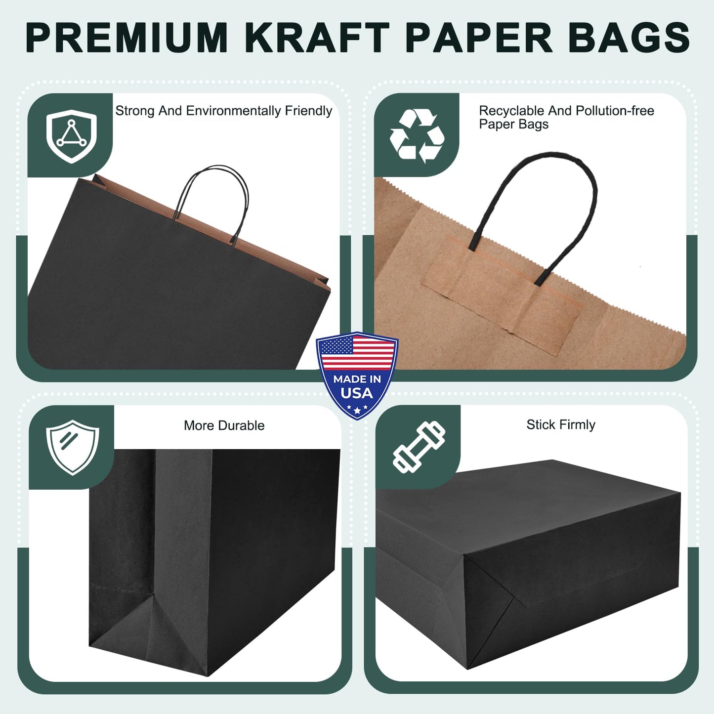 METRONIC Gift Bags with Handles,16x6x12 Inch Recyclable Black Paper Bag 50 Pack, Kraft Shopping for Business Grocery (Bulk)