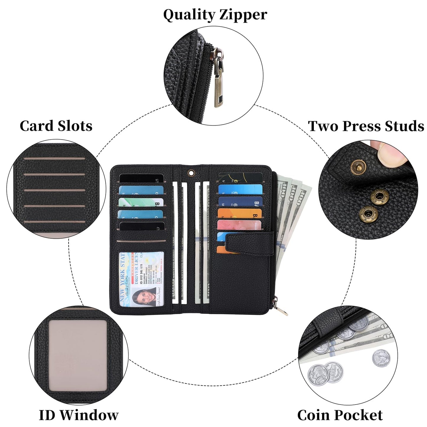 GAEKEAO Women Wallet RFID Blocking Leather Bifold Compact Card Holder Ladies Travel Wallet Purse, Large Capacity Wristlet