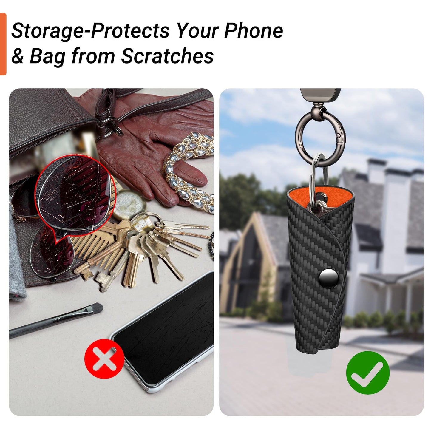 Carbon Fiber Key Wrap Keychain, Silent Compact Key Organizer with PU Leather Interior for House Keys, Men & Women