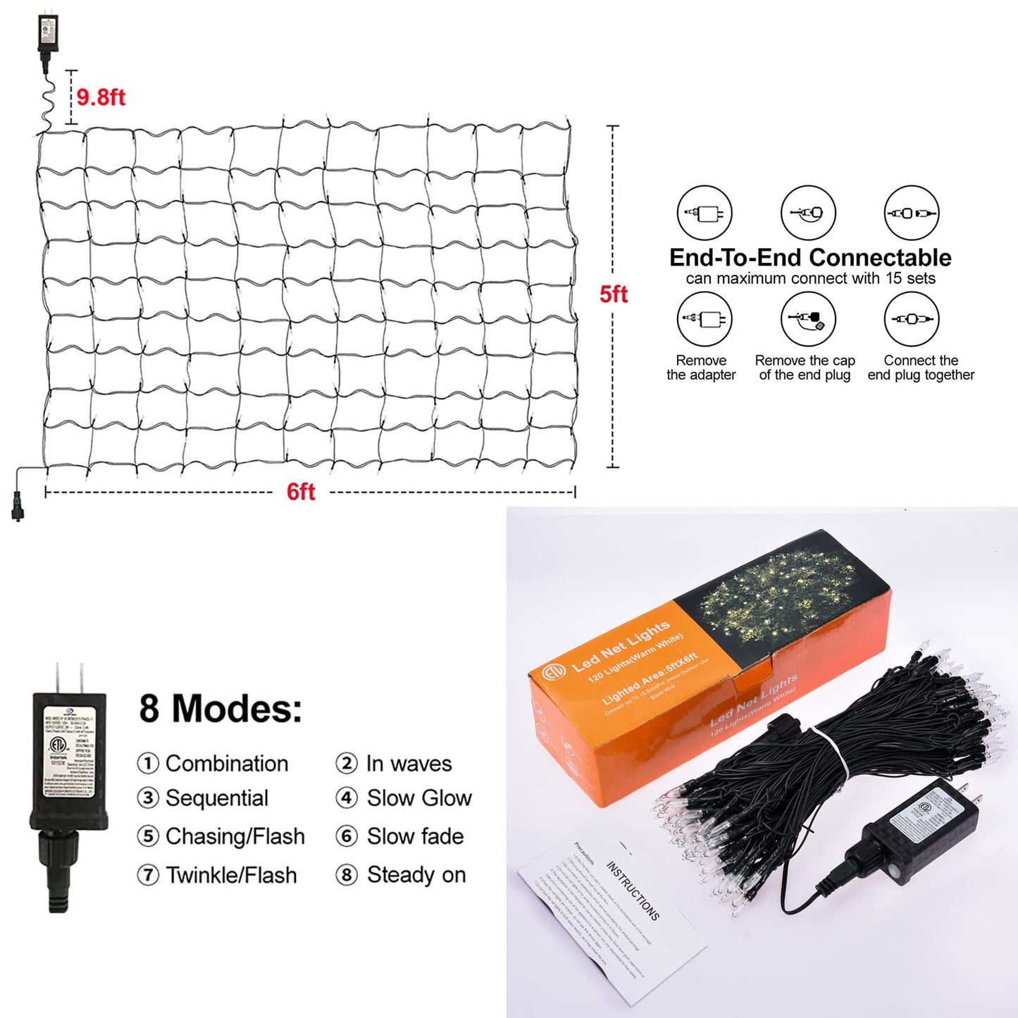 Neoclassy 120Led Christmas Net Lights Outdoor 5ft x 6ft Connectable, 8 Modes Waterproof Black Wire 29V Plug in Mesh Net Christmas Lights for Garden, Yard, Bushes, Trunk, Xmas Tree Decor (Warm White)
