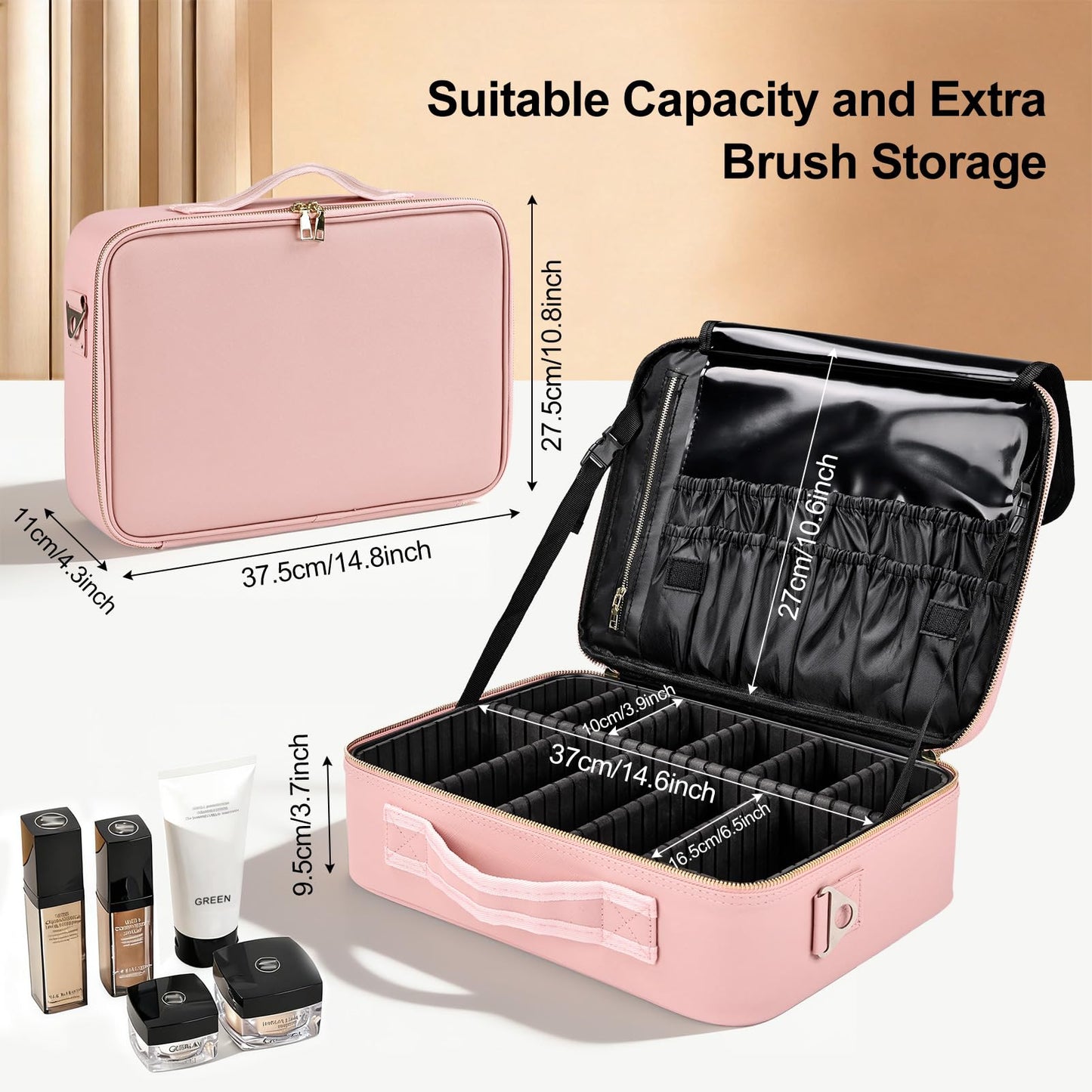 Travel Makeup Bag with Brush Holder, Professional Cosmetic Train Case Organizer, Portable Travel Makeup Brush Carry Case Artist Storage Box with Adjustable Dividers and Shoulder Strap, Leather Pink