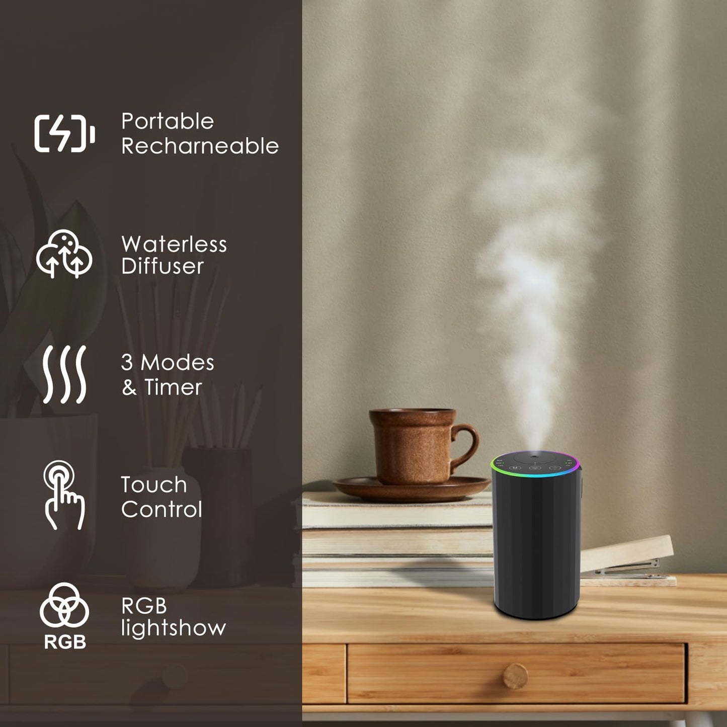 Waterless Essential Oil Diffuser, 7 Colors LED Light, Battery Powered Mini Scent Air Machine, Aromatherapy Mist Diffuser for Home Room Car Office，Black Aluminum Alloy (Black) (Black)