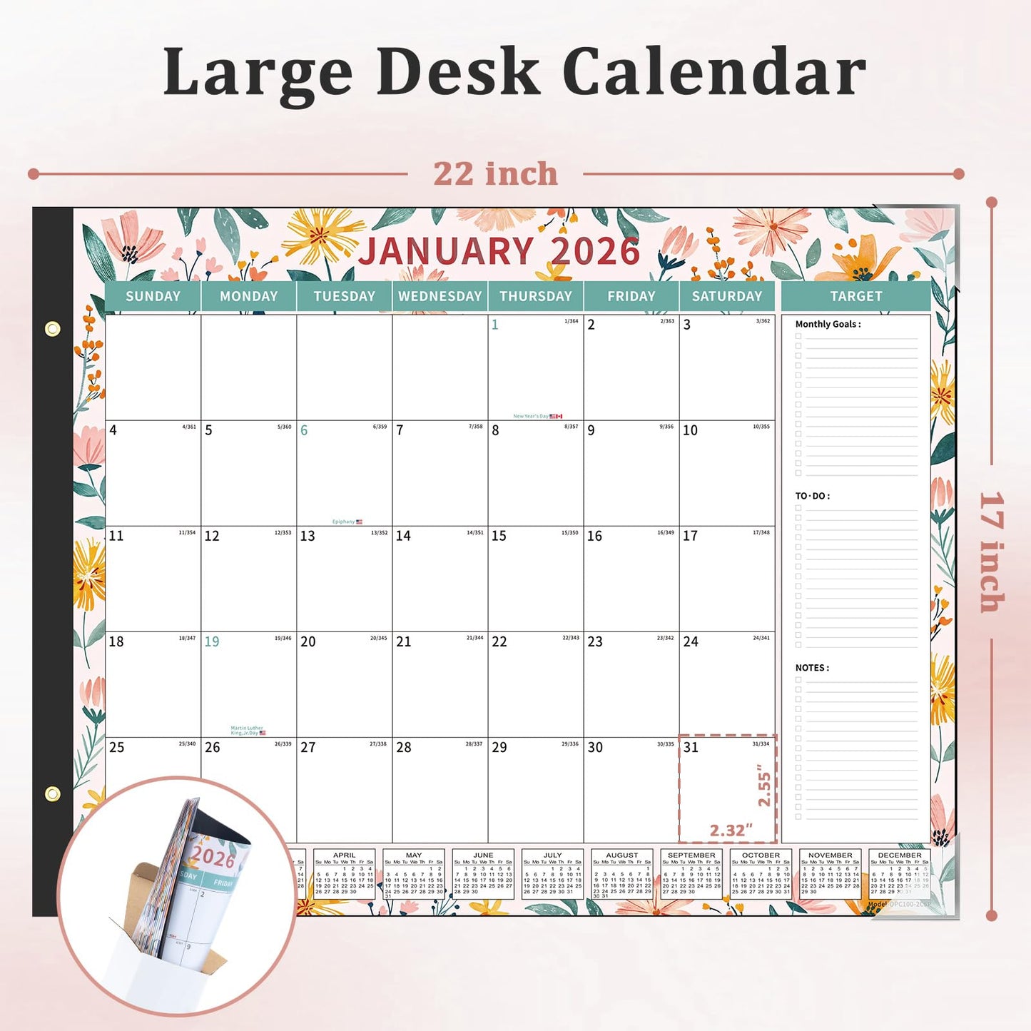 Ospelelf Desk Calendar 2026-2027 Large 22"x17" Monthly Family Office Planner Pad with Protective Cover 18 Months January 2026 - June 2027 Ditsy Floral