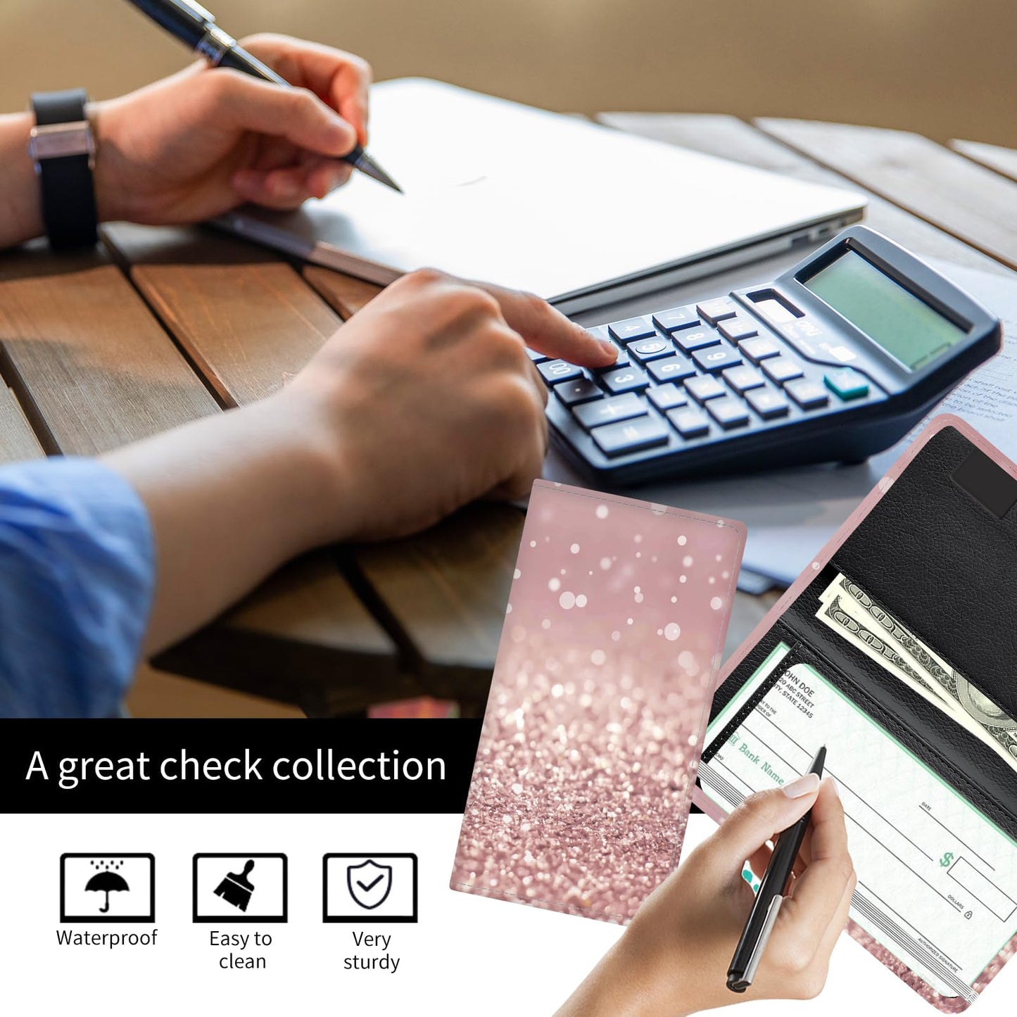 APVDSH Checkbook Cover for Personal Checkbook, Cute Pu Leather check book for Women & Men, Slim Checkbook Holder with Pen Holder and Built-in Clear Plastic Divider Rose Gold Glitter