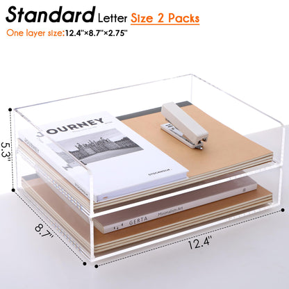 HeZone Paper Organizer, 2 Tier Stackable A4 Size Acrylic Letter Tray, Office/Home/School Organization - Clear