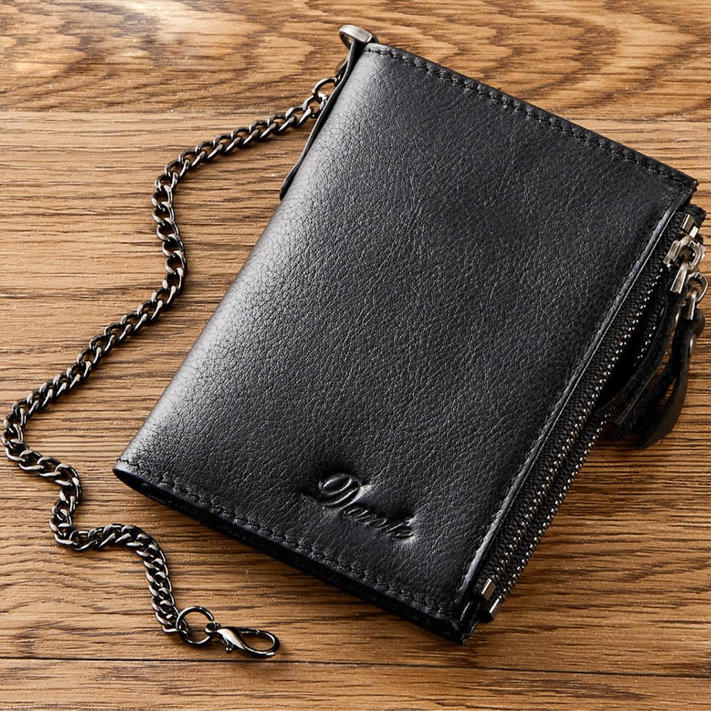Wallet with Chain for Men Women Genuine Leather RFID Blocking Bi-Fold Wallet with Chain, Zip Coin Pocket, Credit Card Holder, Transparent ID Window for Driver License Biker Punk Hip Hop Style (Black)