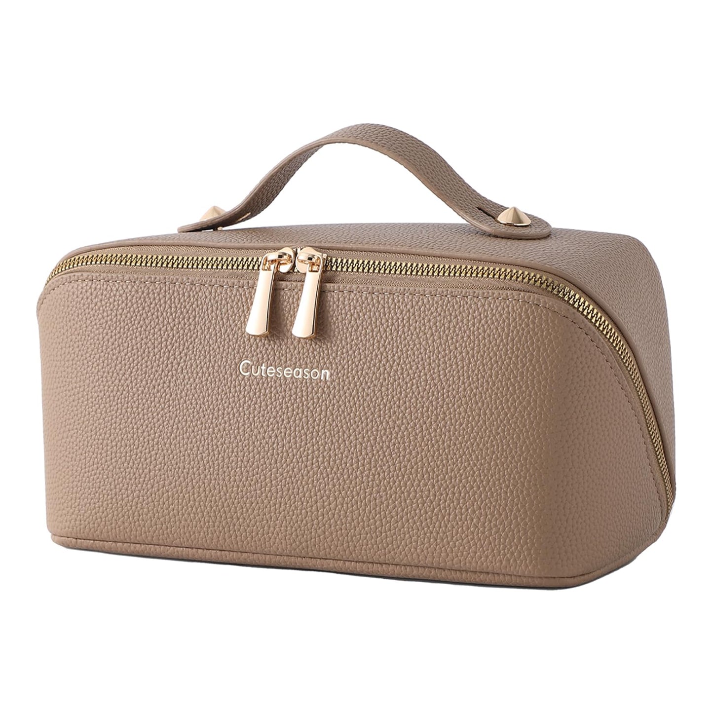 Cuteseason PU Leather Makeup Bag for Women, Structured Makeup Case with Wide Opening, Travel Cosmetic Bag with Compartments and Handle, Water-Resistant Makeup Organizer(Khaki, Lychee Grain)