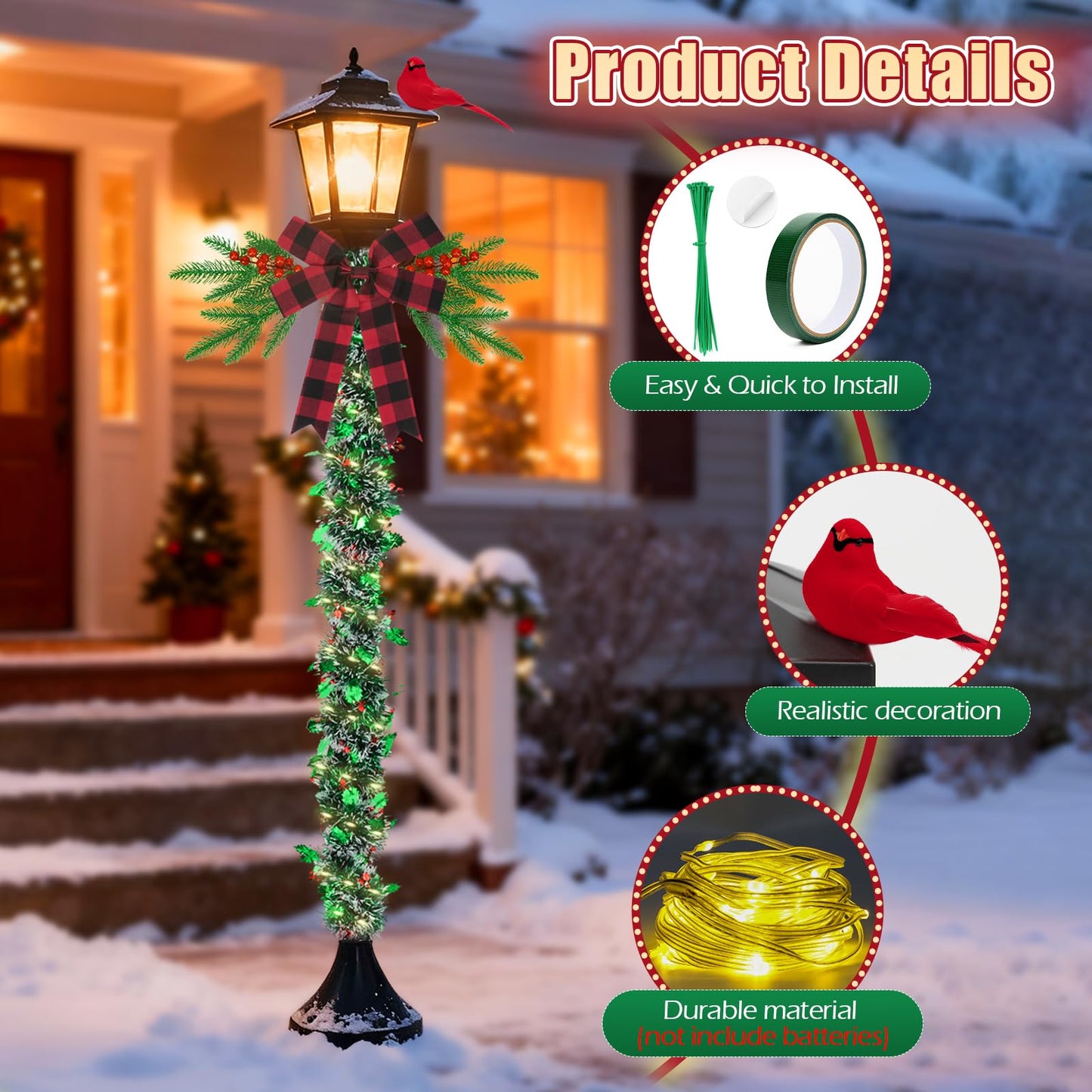 YIBOBO 13Pcs Christmas Lamp Post Decoration Set Include String Light, Pine Branches, Red Berries, Tinsel Garlands, Checkered Bow and Cardinal Bird for Outdoor Holiday Porch Lawn, NOT Include Lamp Post