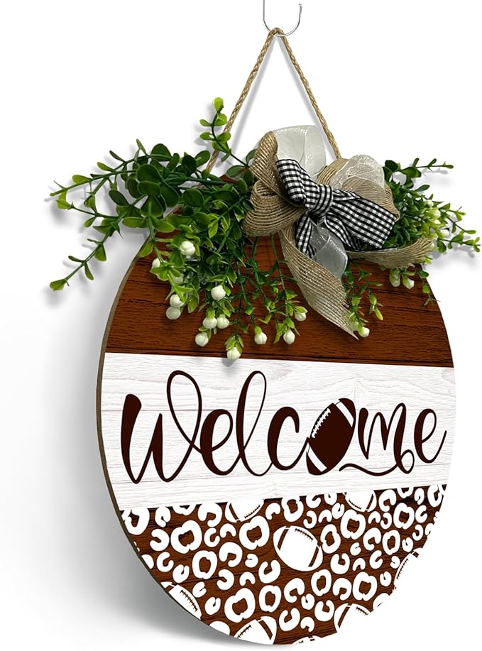 Welcome Football Front Door Sign Spring Summer Wooden Hanging Signs with Wreath And Bow Rustic Seasonal Football Game Sports Round Door Signs for Farmhouse Home Family Wall Decorations 12 X 12 Inches