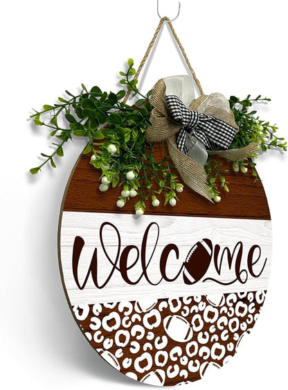 Welcome Football Front Door Sign Spring Summer Wooden Hanging Signs with Wreath And Bow Rustic Seasonal Football Game Sports Round Door Signs for Farmhouse Home Family Wall Decorations 12 X 12 Inches