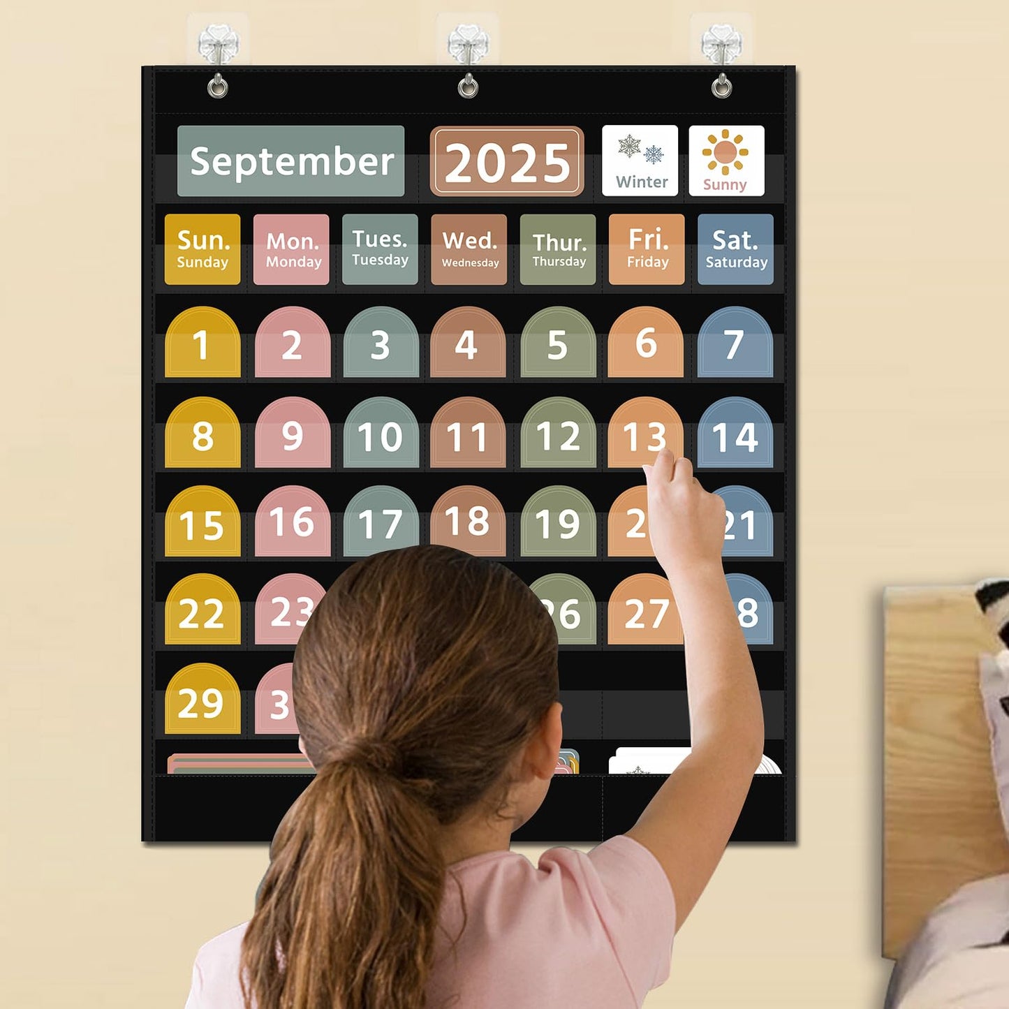 REGELETO Large Boho Calendar Pocket Chart with 96 Cards for Classroom, Size:32.25 x 24.125 inch Black Monthly Calendar and Weather Pocket Chart for Student Learning for Home or School.