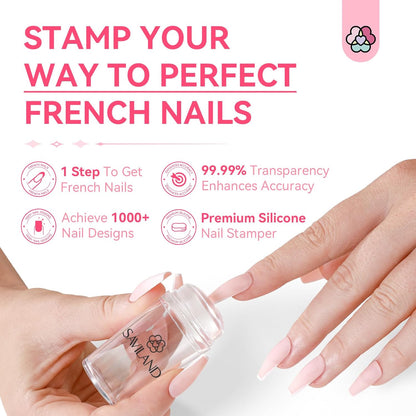 Saviland French Tip Nail Stamp - 4PCS Nail Art Stamper Kit Clear Silicone Nails Stamping Long & Short Jelly Stamper with Scrapers Nails Stamper Kit for French Manicure Nail Art Home DIY Salon