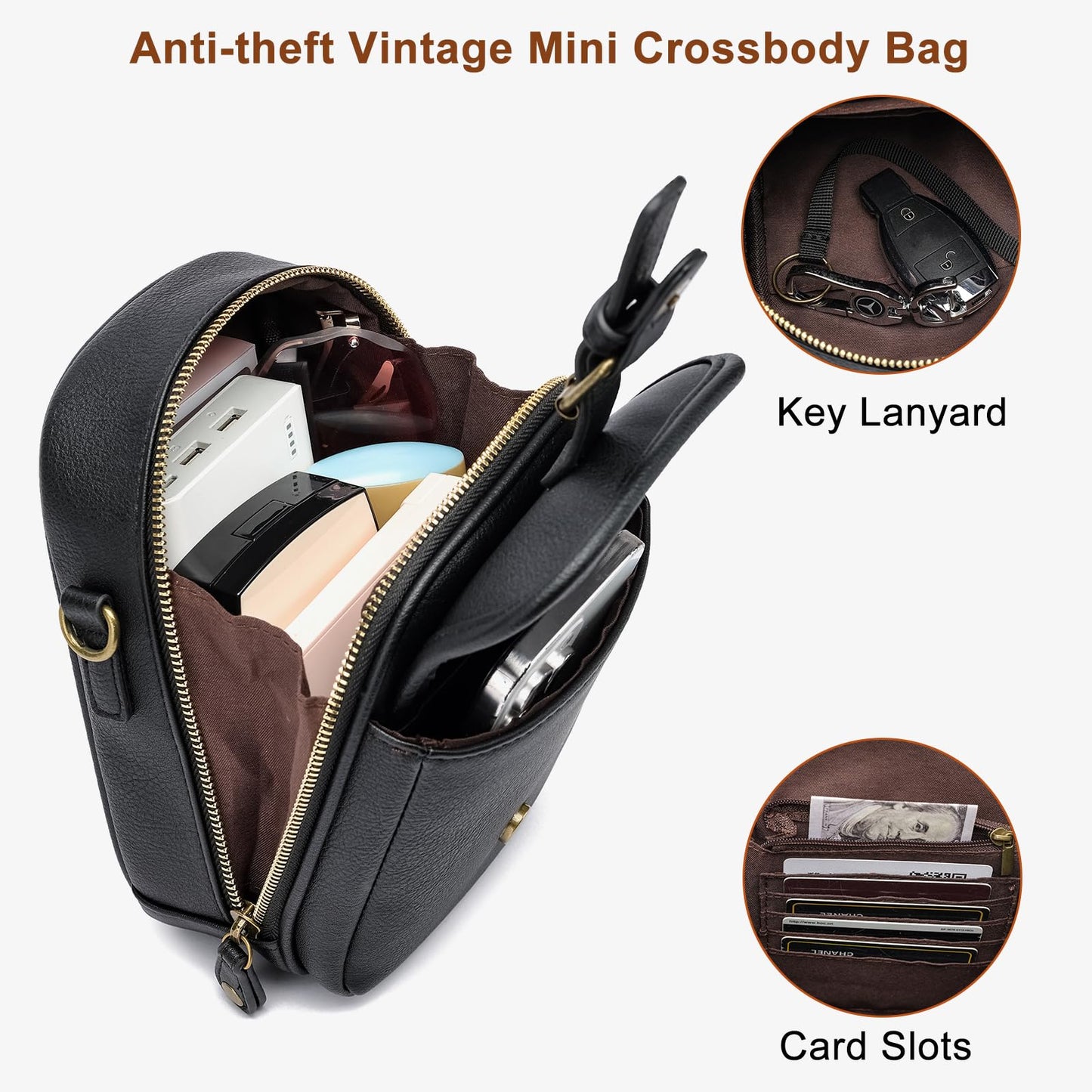 UBORSE Small Crossbody Bags for Women,Soft Vegan Leather Crossbody Handbag Adjustable Strap Travel Purse with Card Slots（Black S+leather strap）