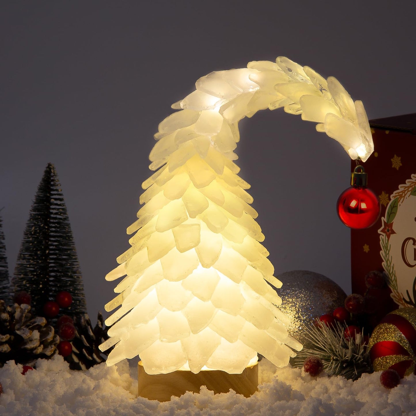 Crooked White Sea Glass Christmas Tree with LED Lights - Handcrafted Whimsical Mini Christmas Tree, Ideal for Christmas, New Year, Coastal Holiday Decor & Gifts, Versatile Home Decor