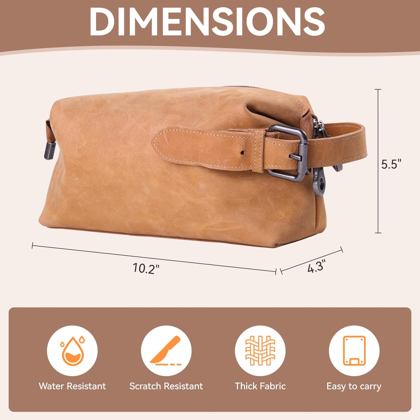 MCKDERWRILL Multi-functional Leather Travel Toiletry Bag - Full-grain leather Water-Resistant Travel, Shaving & Cosmetic Organizer for Men & Women - Compact Bathroom Essentials (Brown)