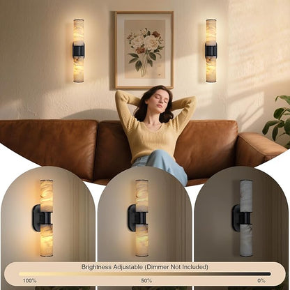 22.2" Alabaster Wall Sconce Set of 2, Black Bathroom Wall Sconce, Spanish Natural Marble Sconces Modern Wall Lights Lamps for Bedroom Living Room Stairs Indoor Hallway Vanity, Black