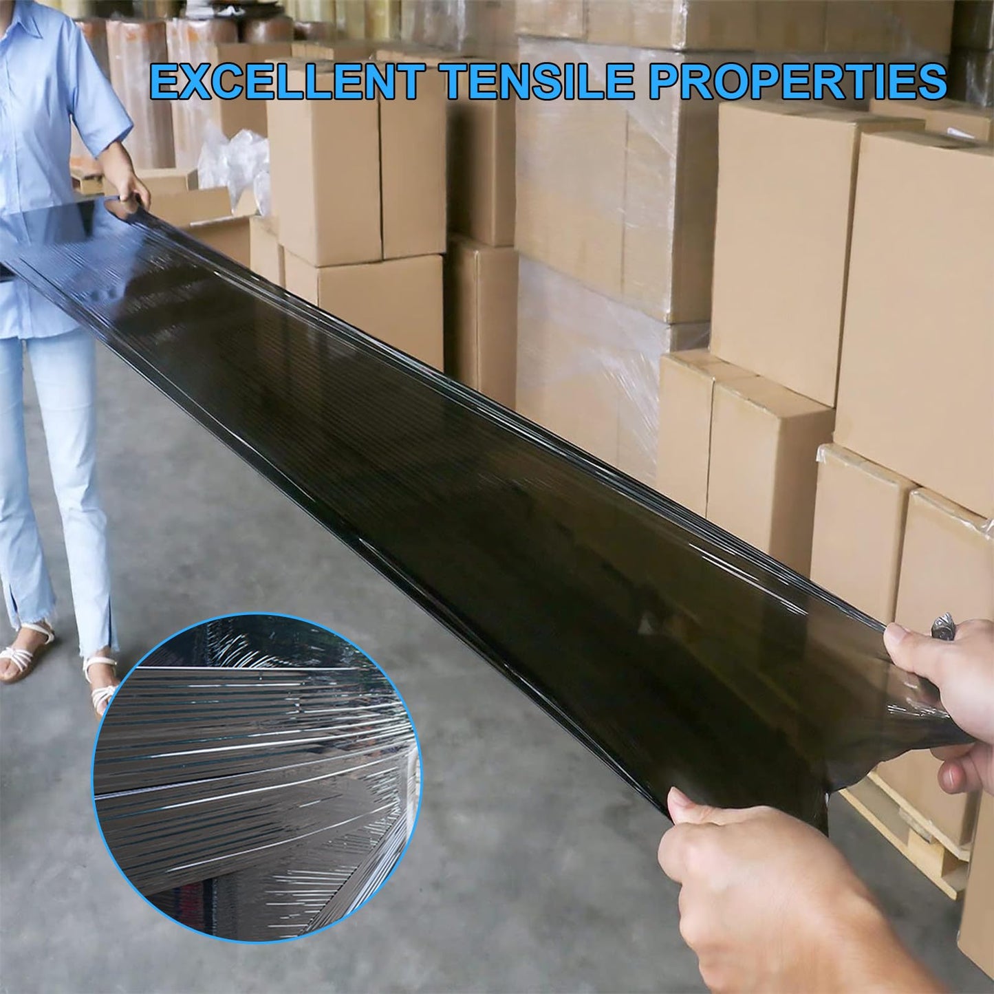 Black Pallet Wrap Stretch Film: 4 Pack Moving Wrapping Plastic Roll with 2 Handles, 18" Strength up to 800%, 80 Gauge Thick Shrink Wrap Roll for Pallet Packaging, Transportation, Stability, Protection