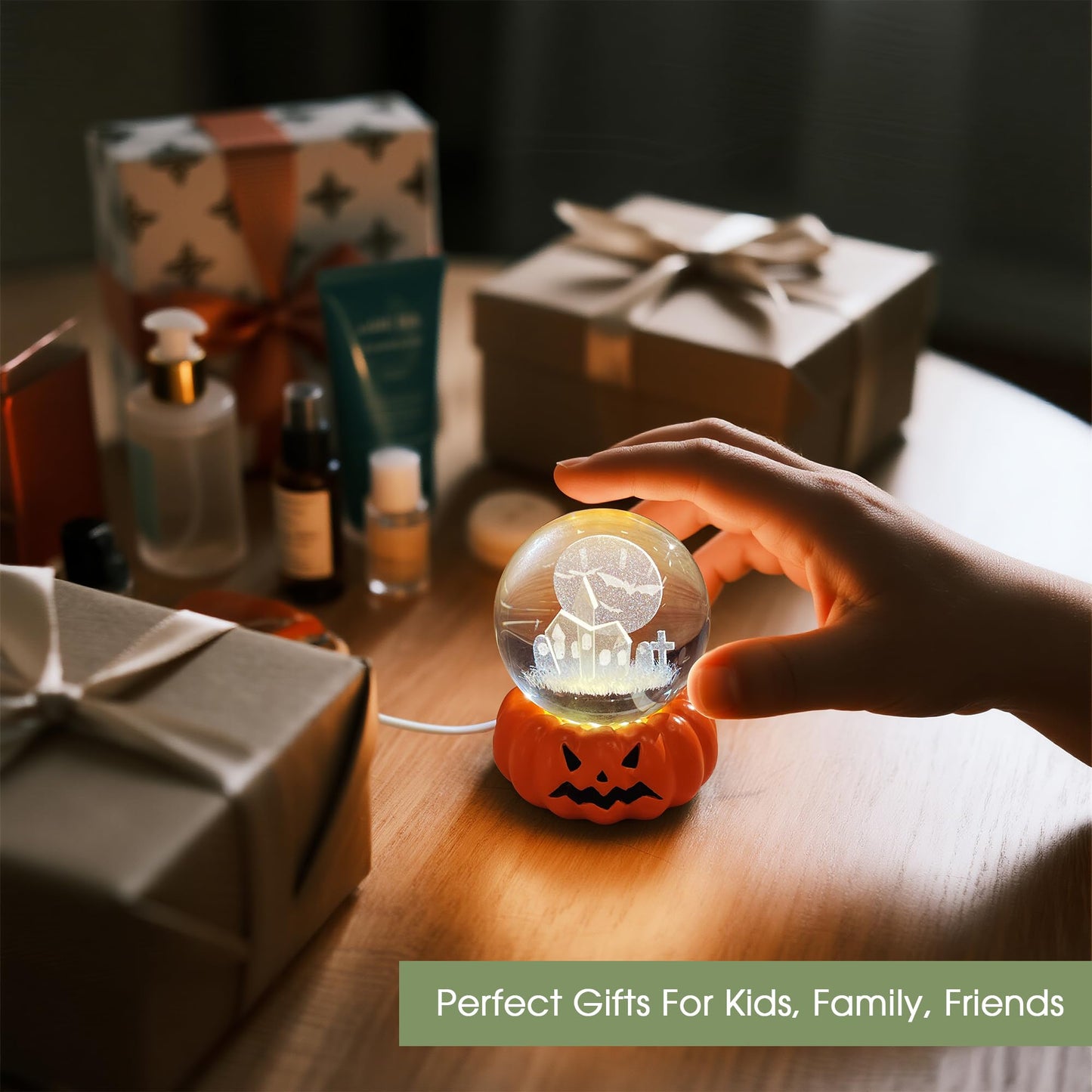 L LOHAS LED 3D Crystal Ball Night Light-Laser Engraved Haunted House Bat with Pumpkin Base,Cute & Funny Halloween Night Light for Kids, 3000K Warm White for Halloween Party Decor