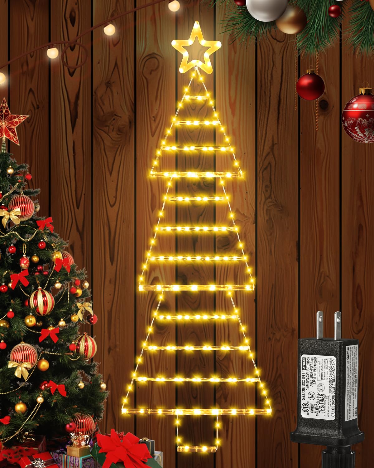 (New) Christmas Lights, 4.6ft Christmas Decoration with Star Topper, Hanging Xmas Ornament with 8 Modes, Tree-Shaped Santa Ladder for Doors, Walls and Windows - Warmwhite