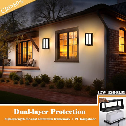 Black Modern Wall Mount Lights, IP65 Aluminum Outdoor Porch Light, 12W 3000K-6000K, 2 Pack Exterior Wall Sconces for House, Backyard, Hallway
