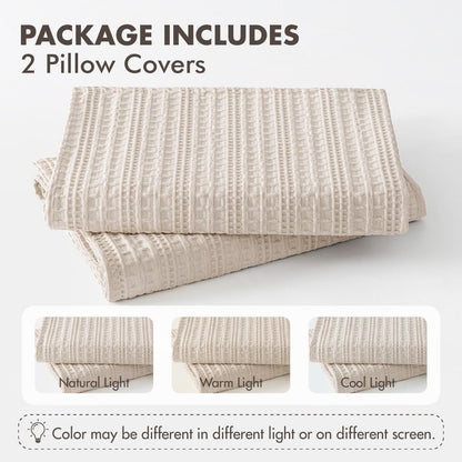 Woaboy Set of 2 Decorative 100% Cotton Waffle Throw Pillow Covers 18x18, Neutral Euro Shams Weave European Cushion Cases for Couch Sofa Bed Modern Farmhouse Home Decor, Cream
