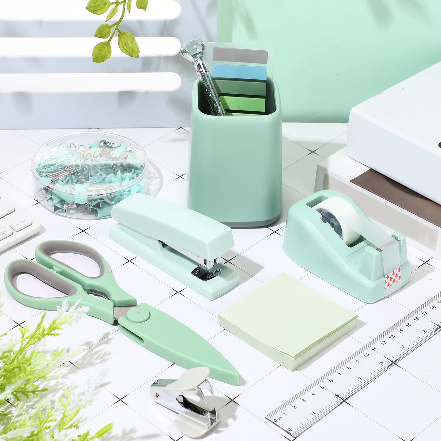 Marspark 12 Pcs Sage Green Office Supplies Desk Accessories Set Pen Holder Tape Dispenser Stapler Staple Remover Staples Tape Ruler Scissor Pen Sticky Note Index Tab Clips Set for Office School Home