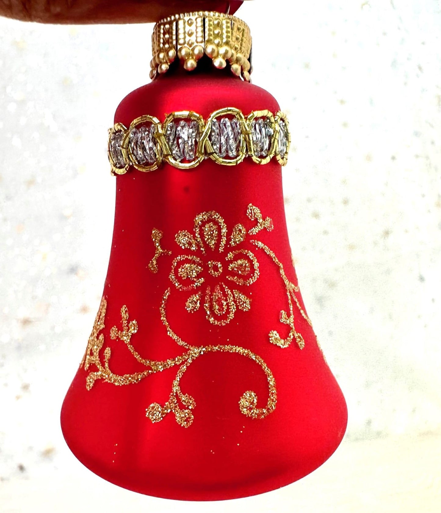 Glass Christmas Tree Ornaments - 67mm/2.625" [4 Pieces] Decorated Balls from Christmas by Krebs Seamless Hanging Holiday Decor (Red, Gold, Navy & Green 3" Bell w/Glitterlace & Braid)