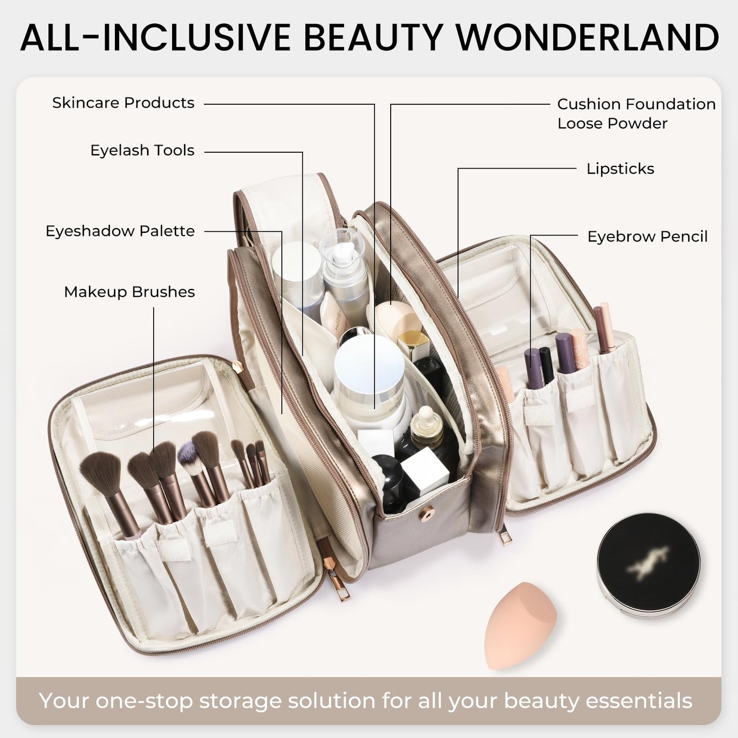 Travel Makeup Bag Women's Large Capacity Cosmetic Portable Organizer Large Opening Waterproof Storage Toiletry Bags Vertical Free-Standing Brush Holder for Easy Access Copper