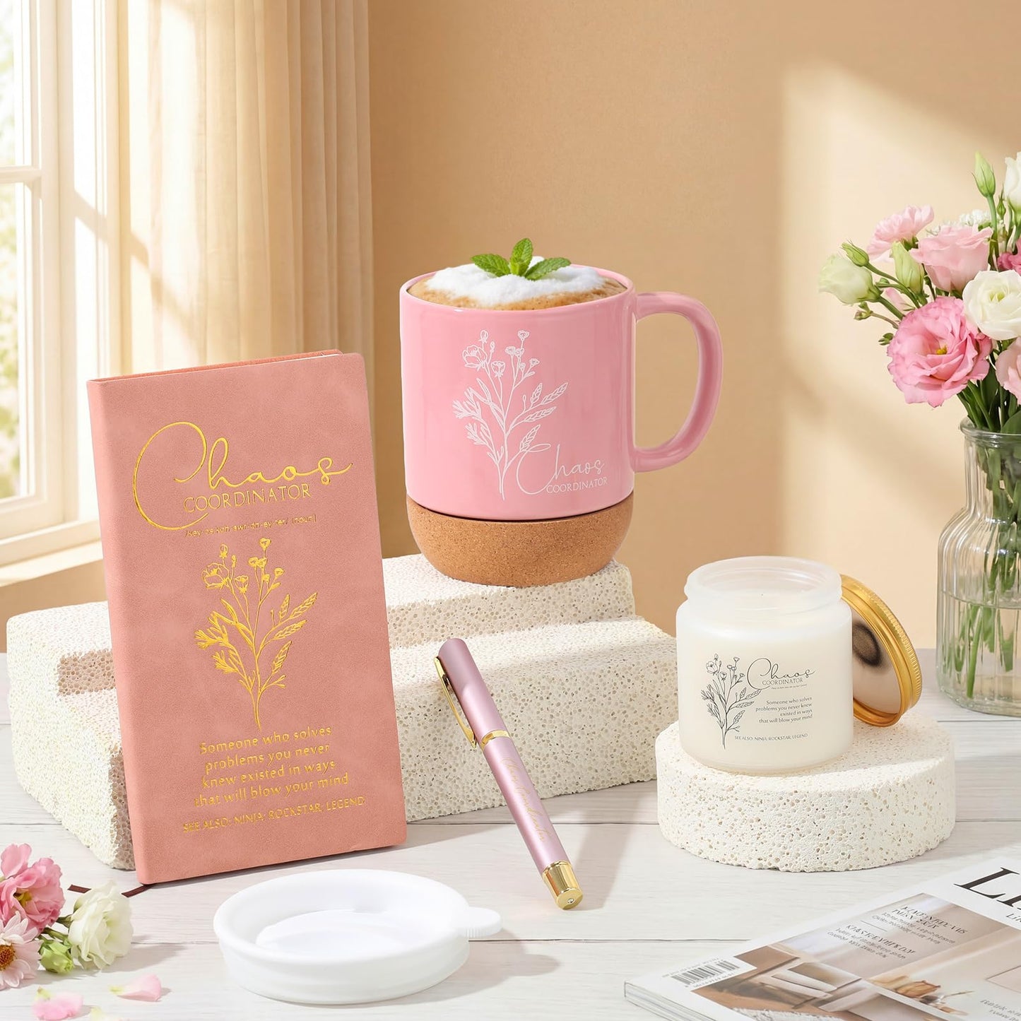 Sayglossy 4 Pcs Thank You Gift Set for Chaos Coordinator Women Administrative Professional Day Appreciation Notebook Coffee Mug Cup Scented Candle Ballpoint Pen for Coworker Teacher Nurse Staff, Pink