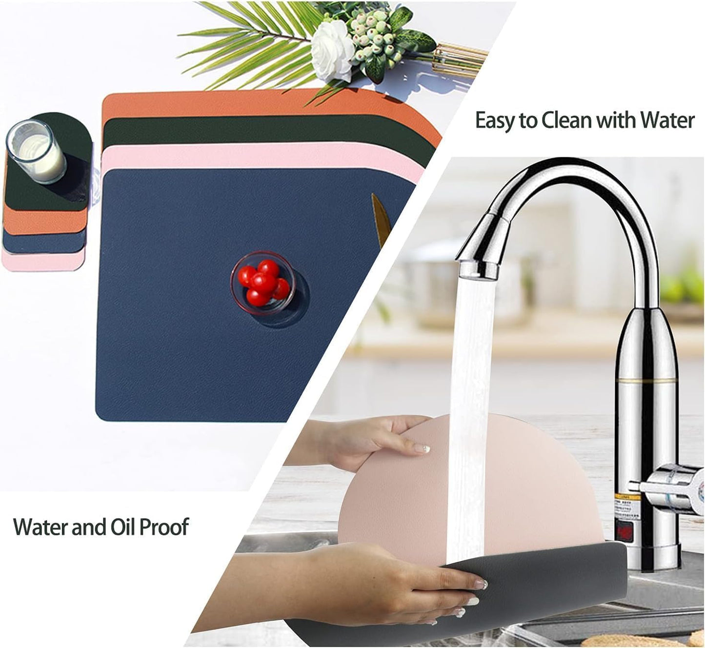 Reversible Faux Leather Placemats with Coasters Set of 8, Non-Slip Washable Table Mats for Dining, Kitchen, Heat Resistant Insulation Place Mat Easy to Clean (17 x 12 inch), Stain Resistant Placemats