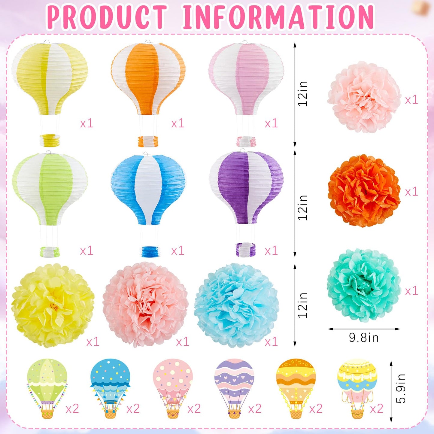 Hortsun 36 Pcs Hot Air Balloon Decorations Include 6 Hanging Hot Air Balloon Paper Lanterns 6 Paper Flowers 12 Hanging Cards 12 Spiral Decor for Wedding Birthday Anniversary Christmas Party Decor