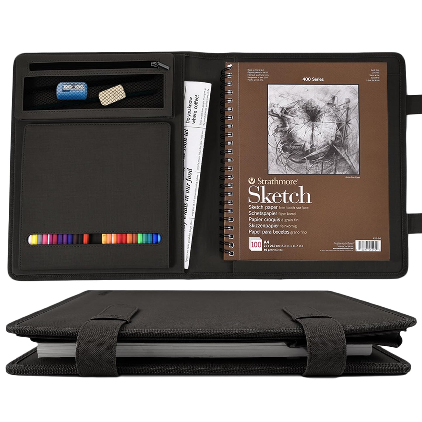 Plinyvel Leather Sketchbook Cover for 9x12 - Travel Portfolio Case with Storage, Holds Large Sketch Book & Spiral Pad | All-in-One Artist Organizer with Pencil Holder (Black)