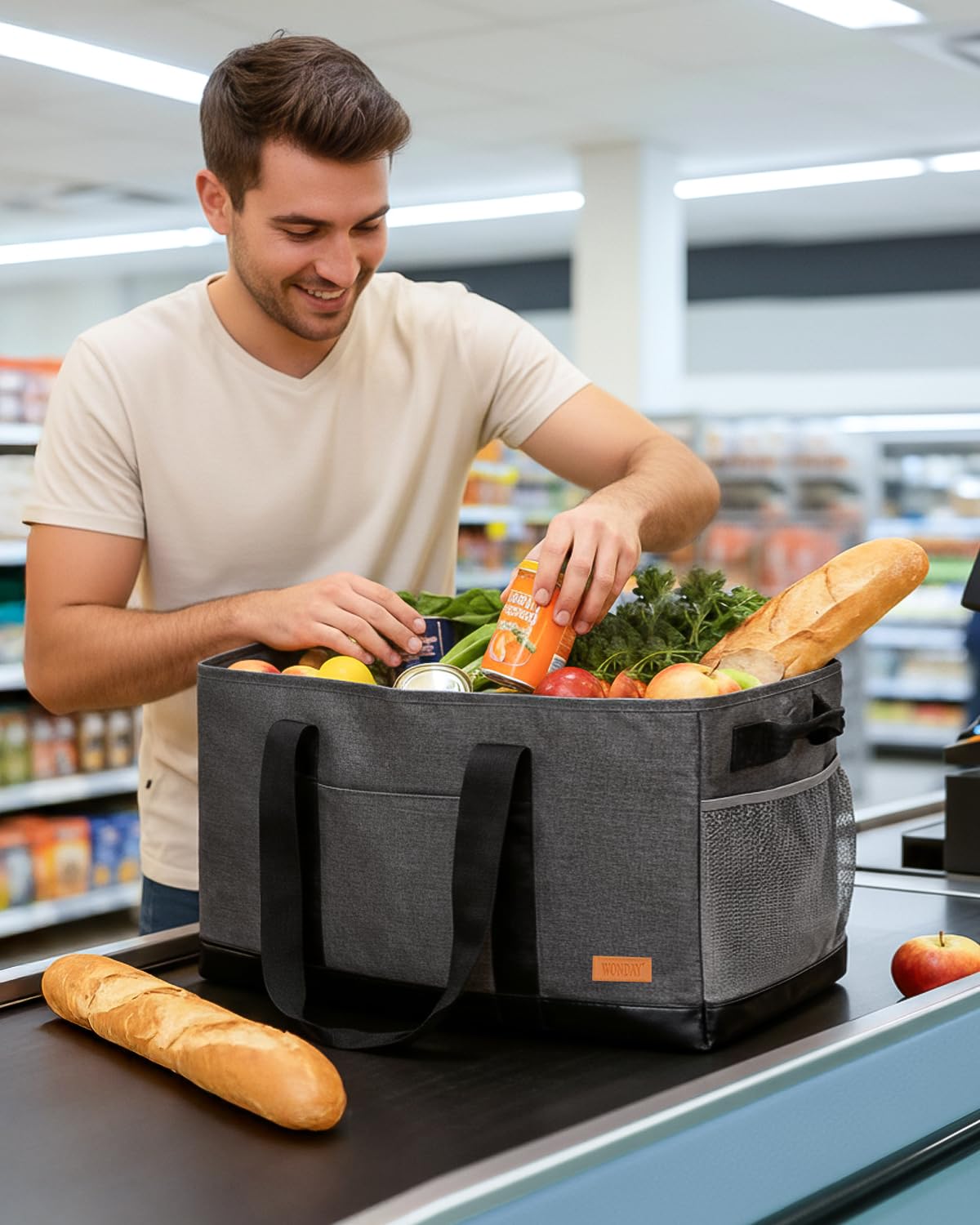 WONDAY Extra Large Utility Tote Bag - Standing Reusable Grocery Bag with Handle, Collapsible Storage for Shopping, Beach