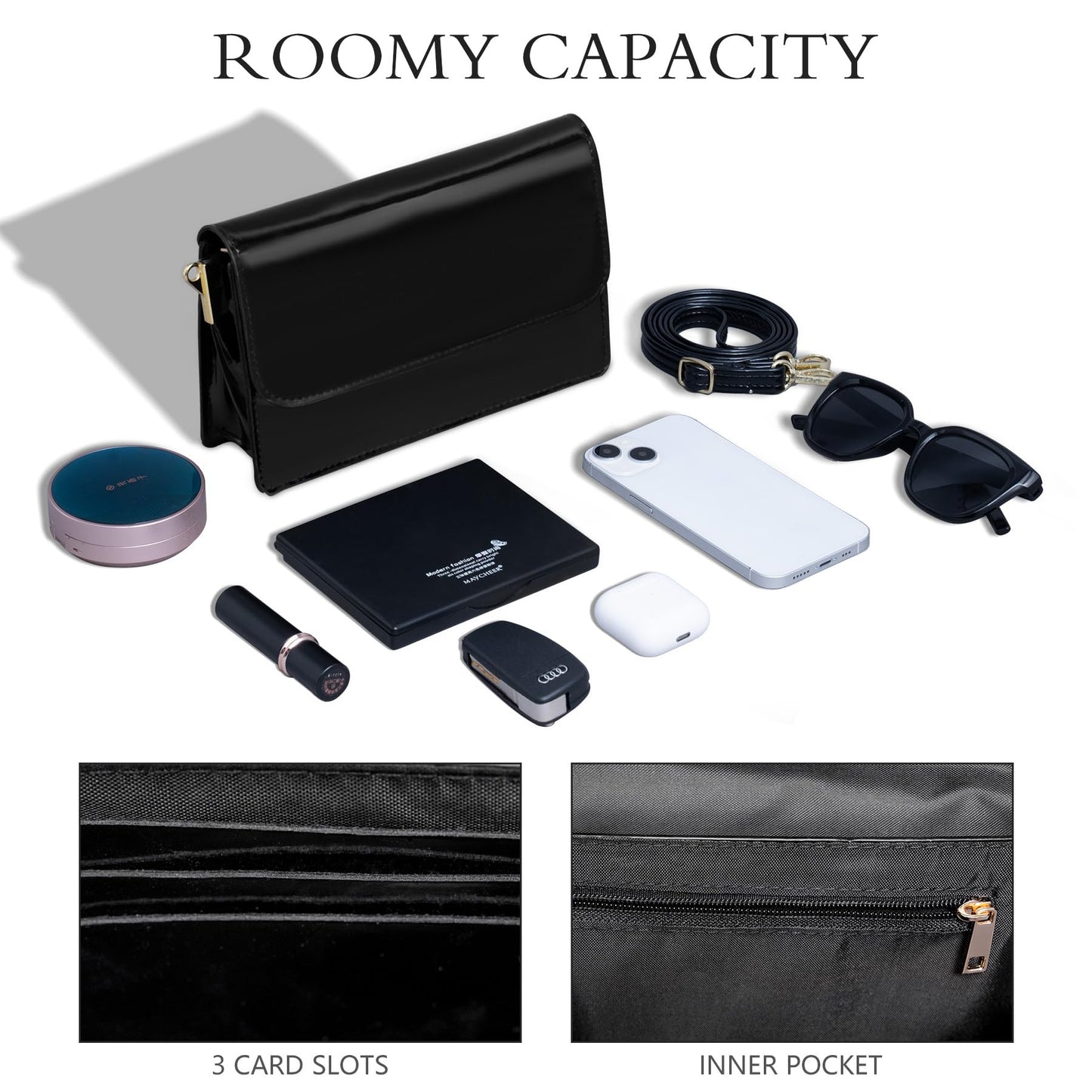 Toptime Patent Leather Evening Bag Clutch Purse for Women, Shiny Black Shoulder Bag with Adjustable Strap, Envelope Crossbody Bags Handbag with 2 Compartments for Prom Cocktail Party Wedding