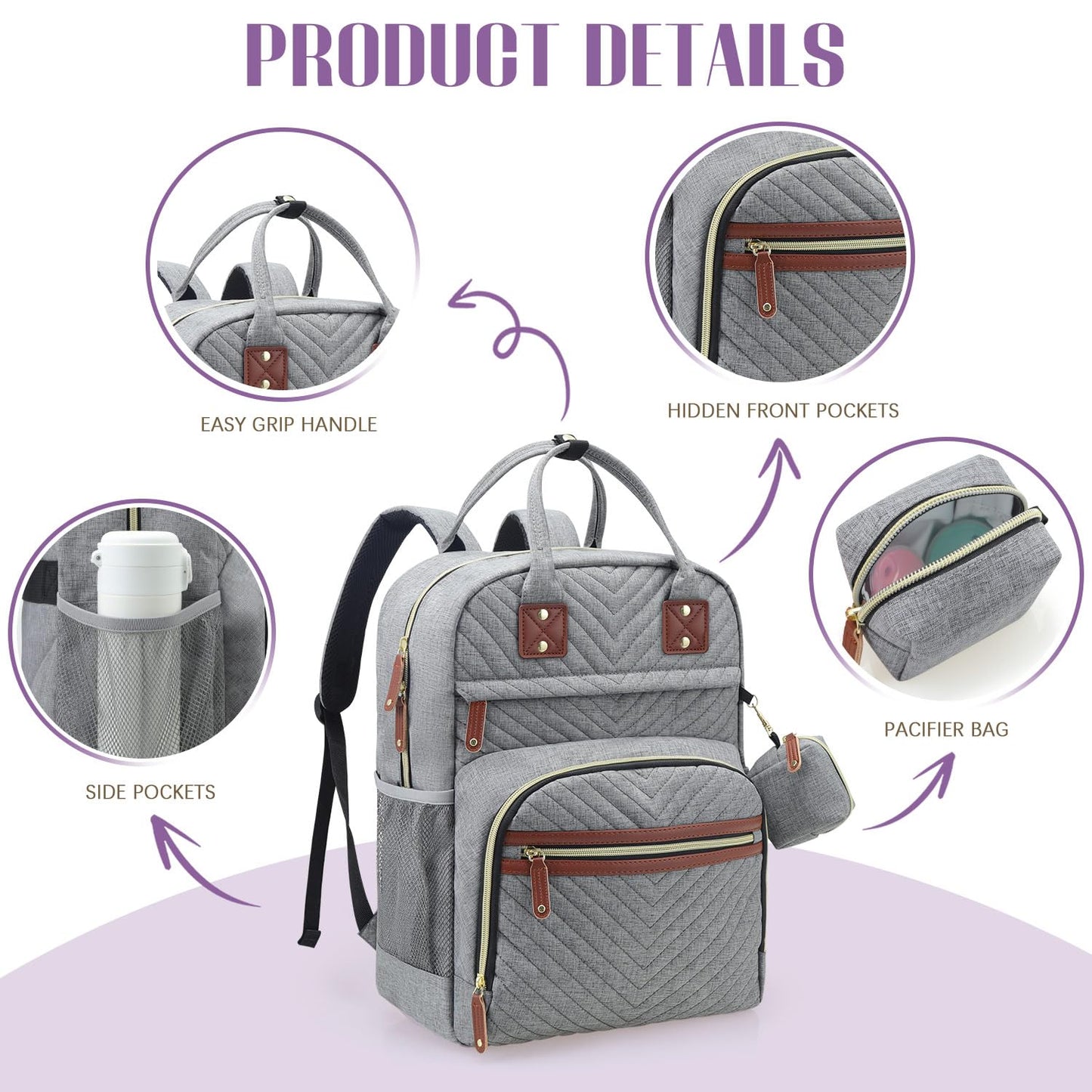Tuwubi Diaper Bag Backpack, Baby Essentials Travel Tote Bag, Multi function Waterproof Backpacks, Travel Essentials with Stroller Straps & Pacifier Case - Grey