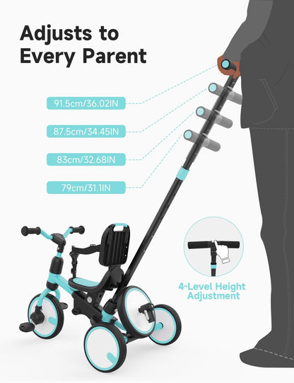 besrey 5-in-1 Toddler Tricycle with Push Handle, Grow with Me Kids Trike for 1-3 Years, Balance Bike & Tricycle, Adjustable Parent Steering, Safety Seat with Backrest