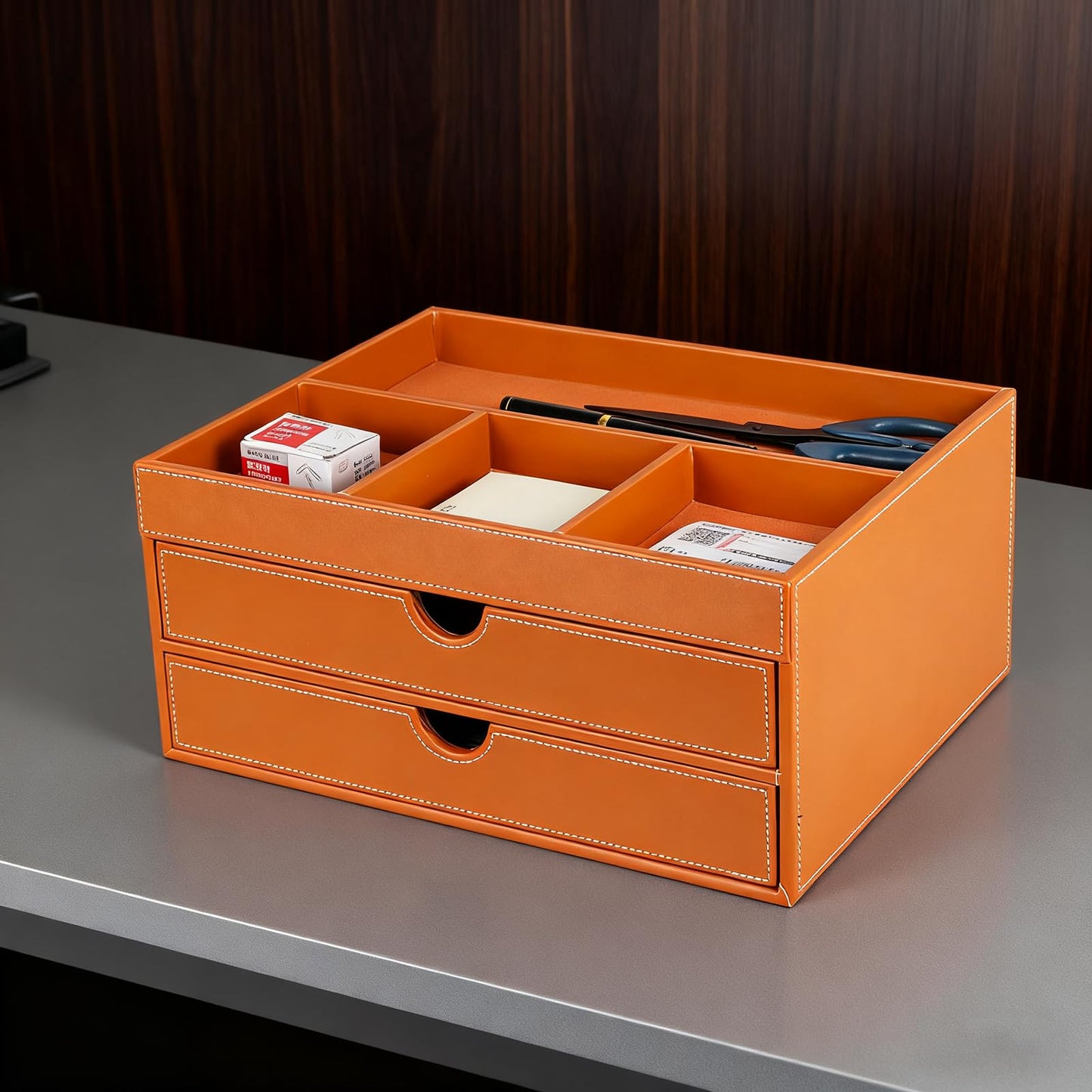 Household Multifunctional Desktop Storage Cabinet, Office file Cabinet Made of Leather, Drawers and Four Separate Organizers, Storage Box on the Bedside Table in the Room (brown)