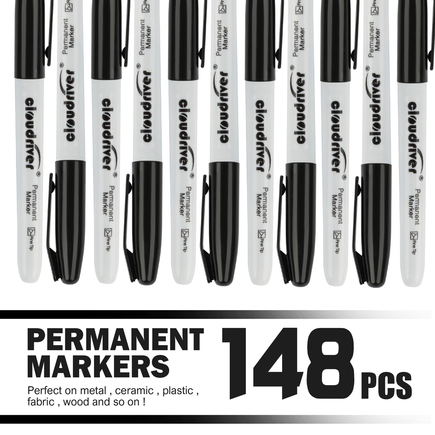 cloudriver Permanent Markers, 148 Pack Black Permanent Markers Set, Fine Point, Bulk Permant Markers Work on Wood, Plastic, Metal, Stone, Glass