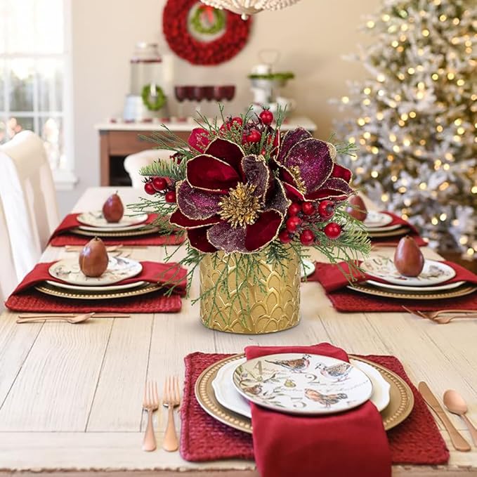 12 inch Red Christmas Table Centerpiece 5" Glitter Magnolia Flower and Red Berries Fir Greenery Artificial Christmas Floral Centerpiece in Golden Ceramic Pot Christmas Tabletop Arrangement Decor