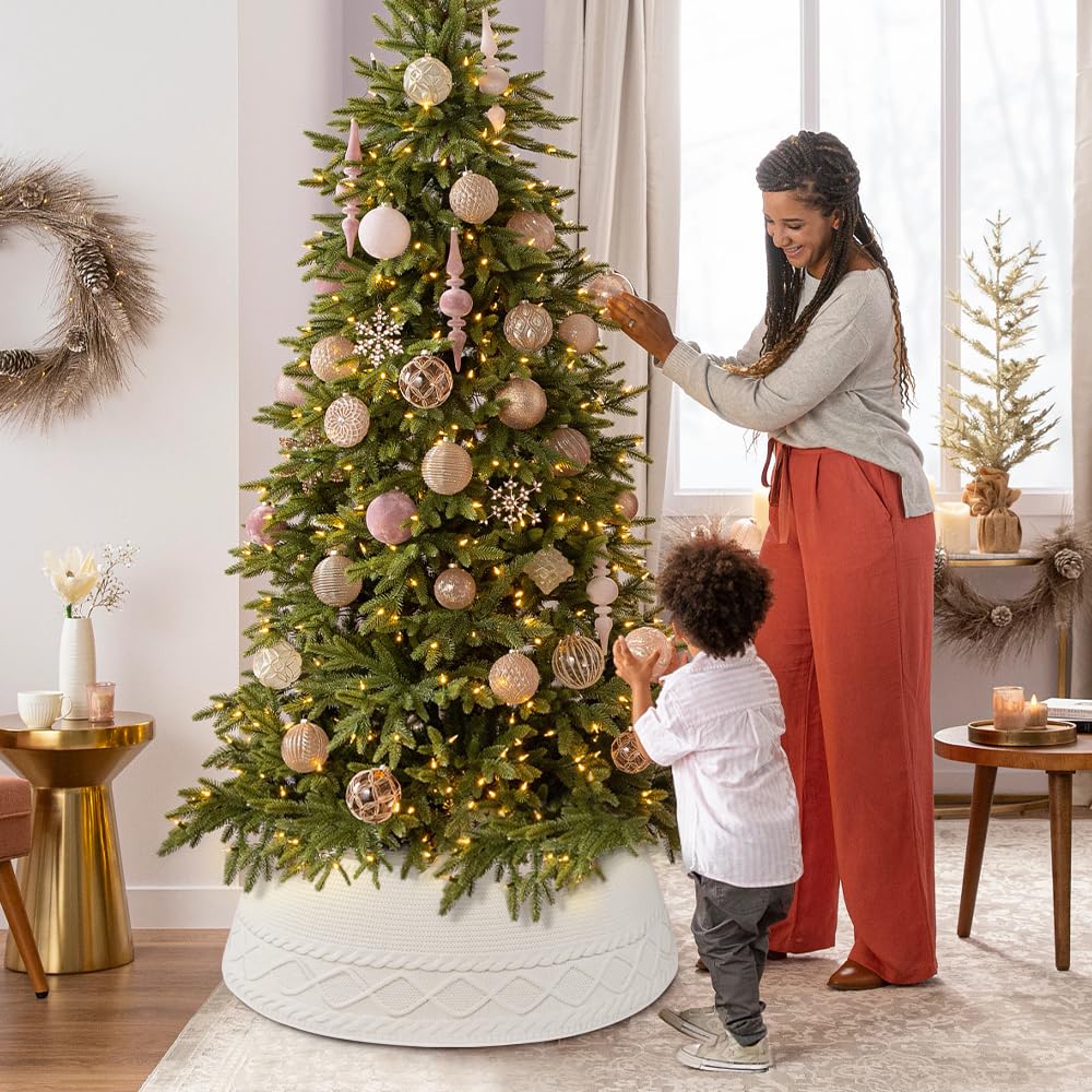 Teeanzo Christmas Tree Collar Skirt,Knitted Cream White Diamond Edge Cable Stand Farmhouse Rustic Tree Ring for Artificial Christmas Tree Base Cover Holiday Home Party Decoration