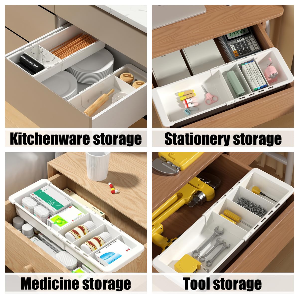 YOOUSOO Expandable Drawer Organizer, 2 PCS Adjustable Drawer Organizer Trays, Drawer Dividers Organizers and Storage For Office Supplies, Pens, Makeup,Utensils, Tools, Flatware and Junks, White