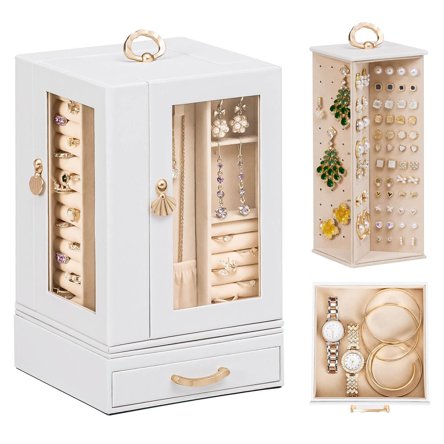 Enthralite Jewelry Box Large for Dresser: Women Necklace Ring Storage Organizer with Compartments - Elegant Earring Holder Display - 360° Rotating Jewelry Organizer with Glass Door