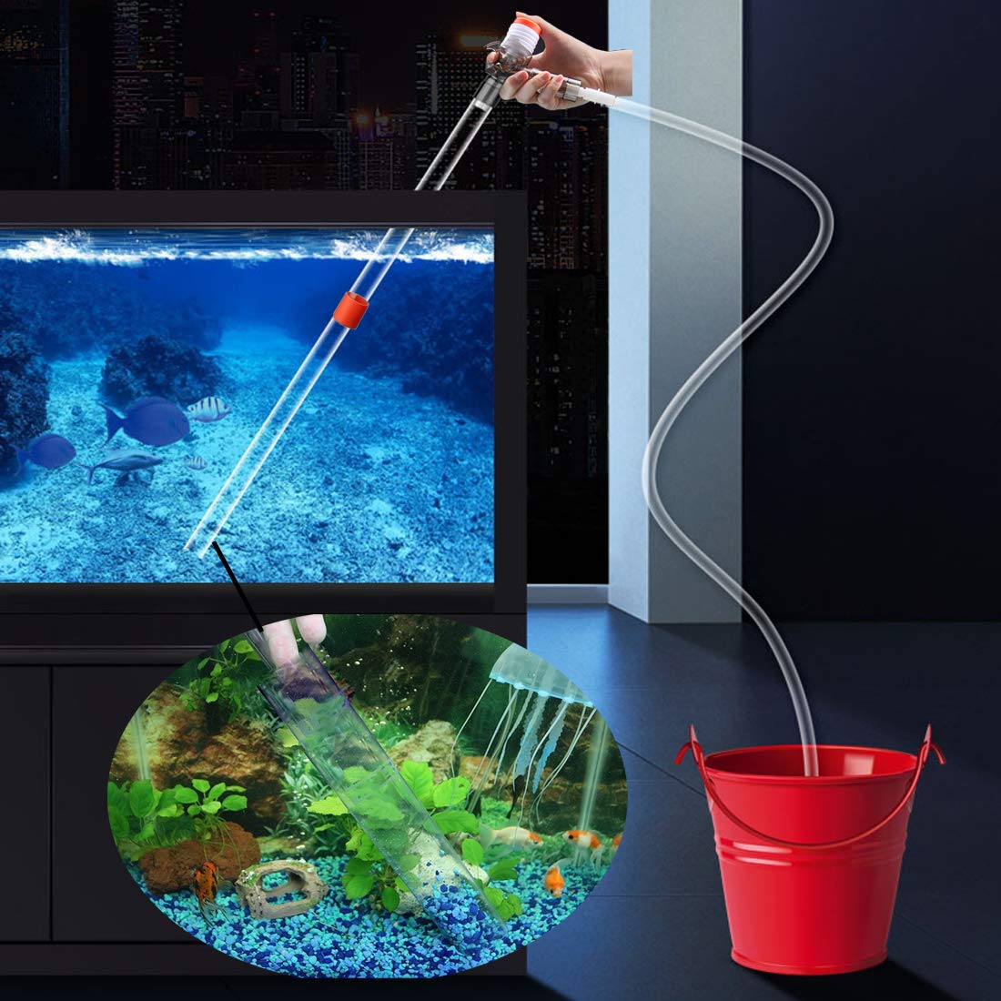 5 in1 Aquarium Gravel Cleaner Water Changer Glass Scraper Fish Tank Sand Wash Pump Kit with Air-Pressing Button and Adjustable Water Flow Controller Clamp for Fish Tank Gravel-Cleaning