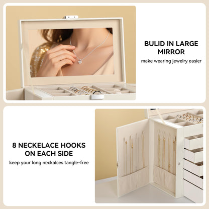 Frebeauty Large Jewelry Box,6-Tier PU Leather Jewelry Organizer,Multi-functional Storage Case with Mirror,Accessories Holder with 5 Drawers for Necklace Bracelets Watches(Pearl White)