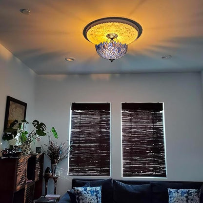 Tiffany Ceiling Light Fixture Deep Blue Purple Wisteria Stained Glass Semi Flush Mount Lamp Wide 16 Inch Height 15 Inch Tiffany Ceiling Lamp (Blue)