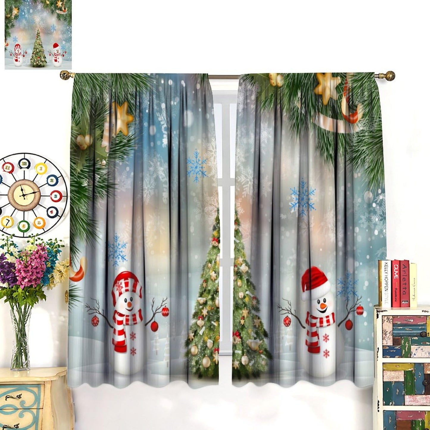 FengMingRui Christmas Curtain Christmas Happy Holidays Winter Snowflake Holiday Christmas Snowman Decor Window Treatment Bedroom Living Room Decor Window Drapes 42" W X 45" L