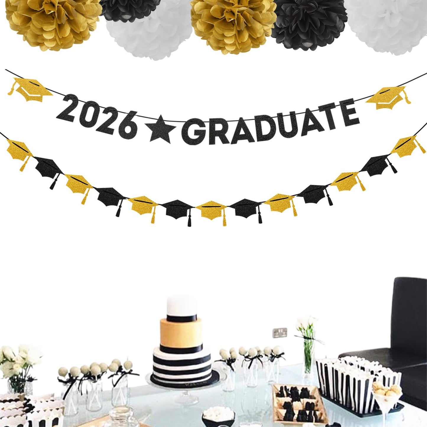 Black White-Gold Party-Decoration Graduation Banner - 8pcs Kits Cap Garland Streamers, Paper Tissue Pom Poms Flowers, 2026 Graduate Banner Congratulations Grad Decor Lasting Surprise